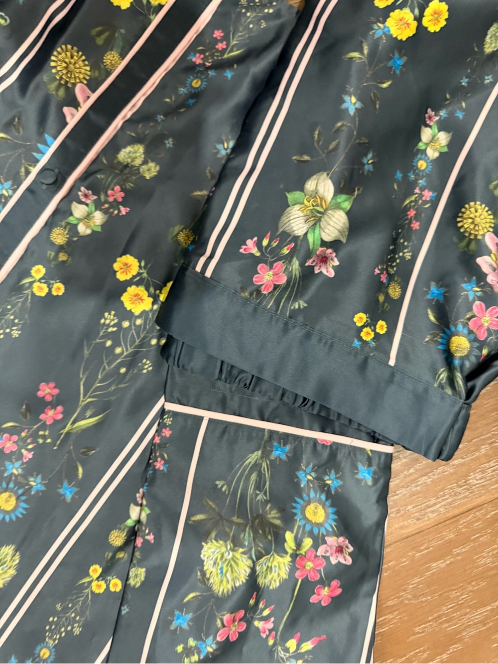 Ted Baker London Green Floral Stripe Satin Pajama Set with Piping Button-Up - Picture 6 of 13